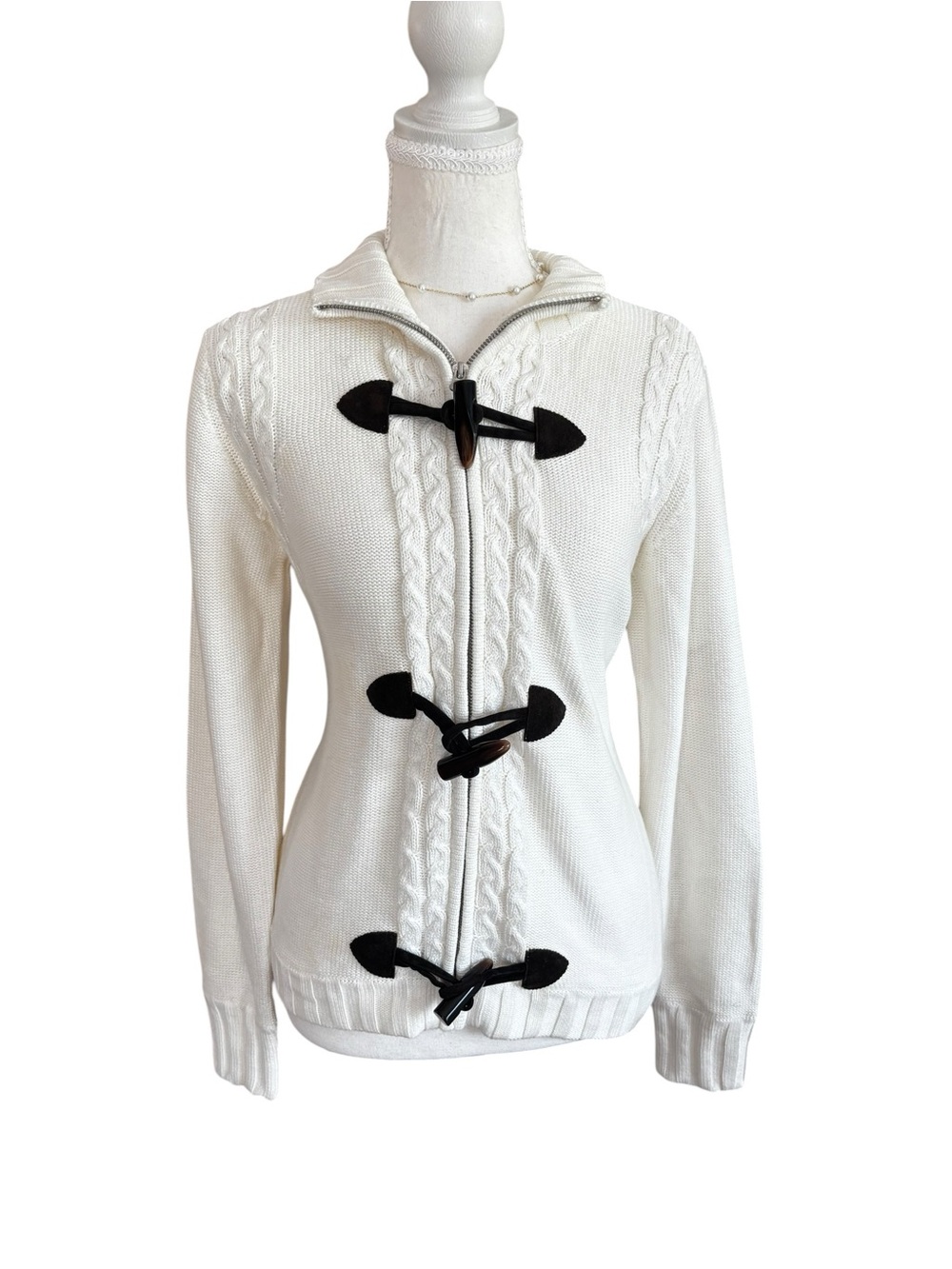 Classic White Cable-Knit V-Neck Toggle Sweater